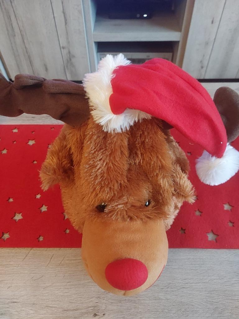 Zingende en bewegende kerstmuts rendier, Diversen, Kerst, Ophalen of Verzenden, Zo goed als nieuw