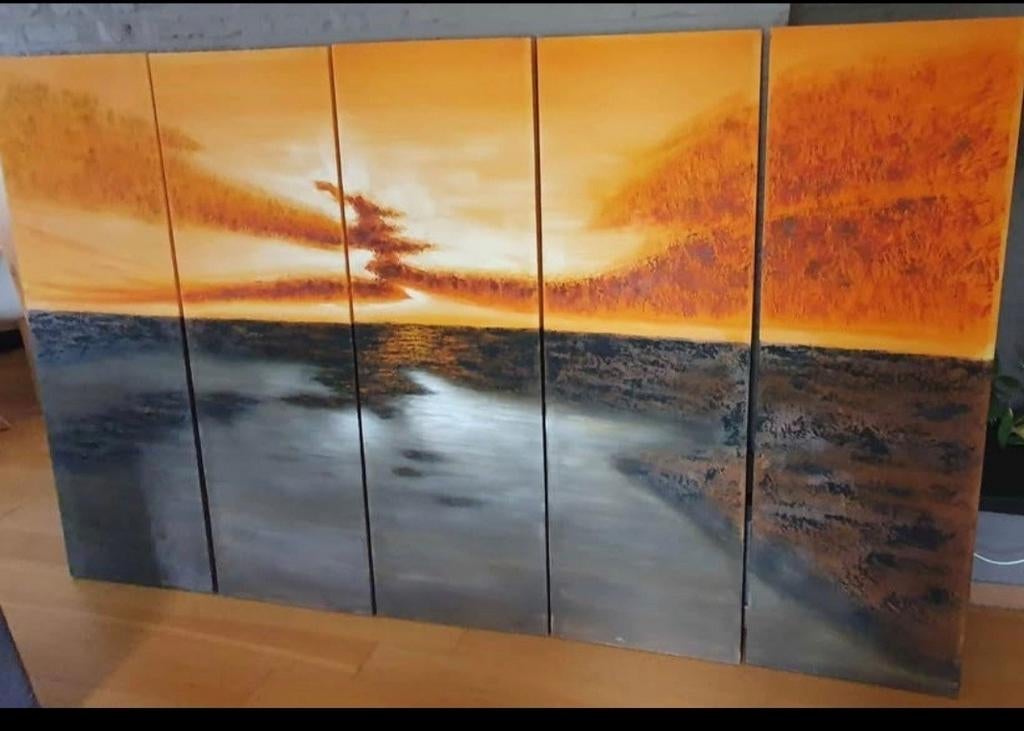 Olieschilderij zonsondergang 5 delig, Ophalen