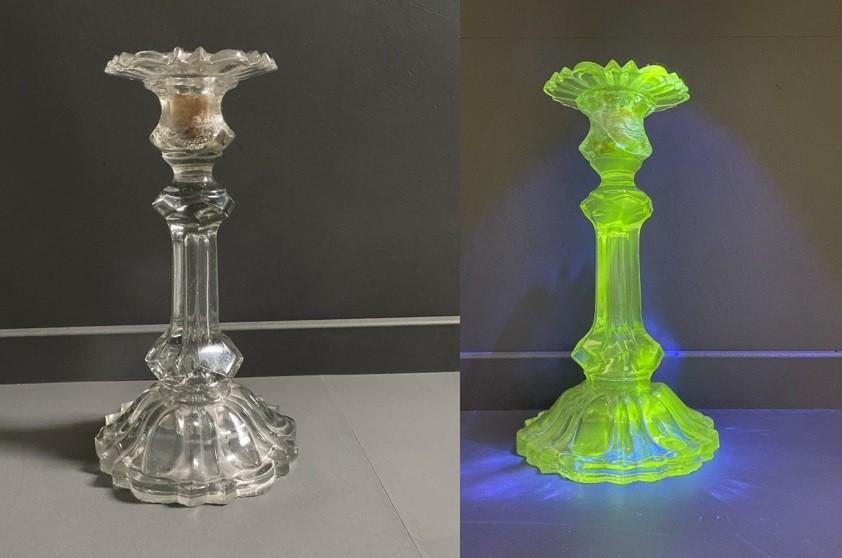 Grote, zware glazen kandelaar van mangaan – uranium style, Enlèvement ou Envoi