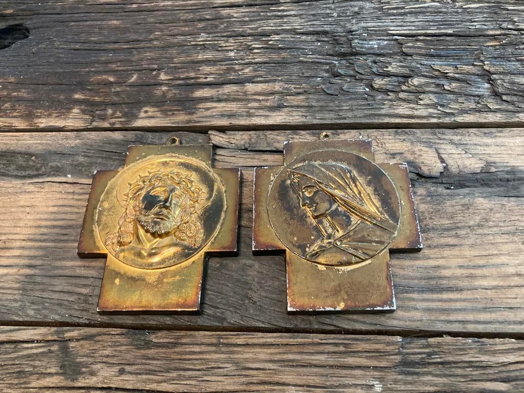 2 Plaquette van Jezus Christus en Maria kruis, Antiek en Kunst, Ophalen of Verzenden