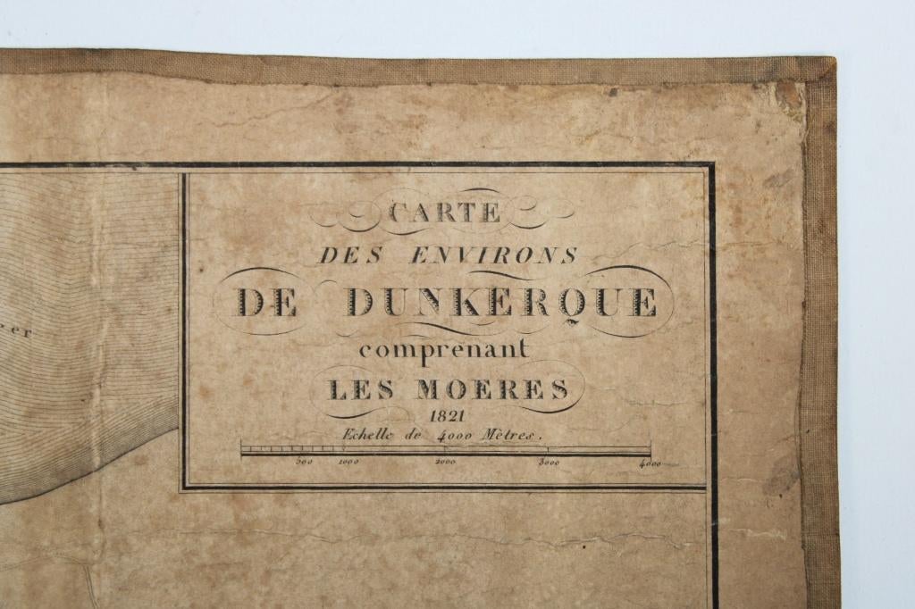 ancienne carte de la région de Dunkerque à Furnes, 1821., Antiquités & Art, Curiosités & Brocante, Enlèvement ou Envoi