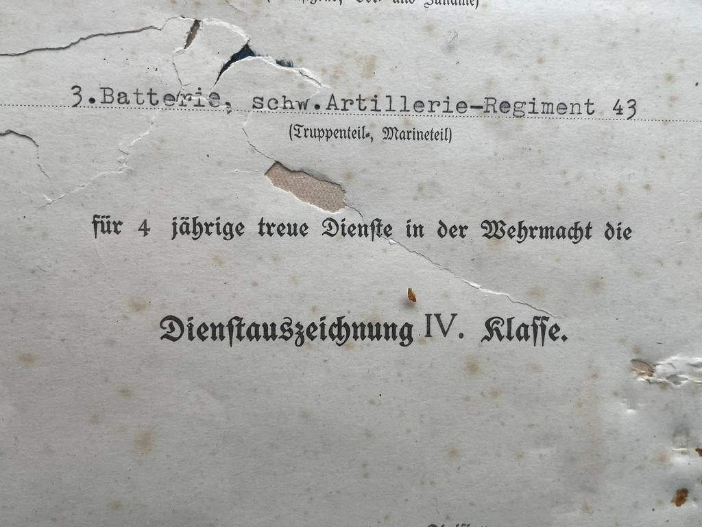 WW2 artillerie oorkonde 4 jaar trouwe dienst in de Wehrmacht, Verzamelen, Verzenden, Landmacht, Overige typen