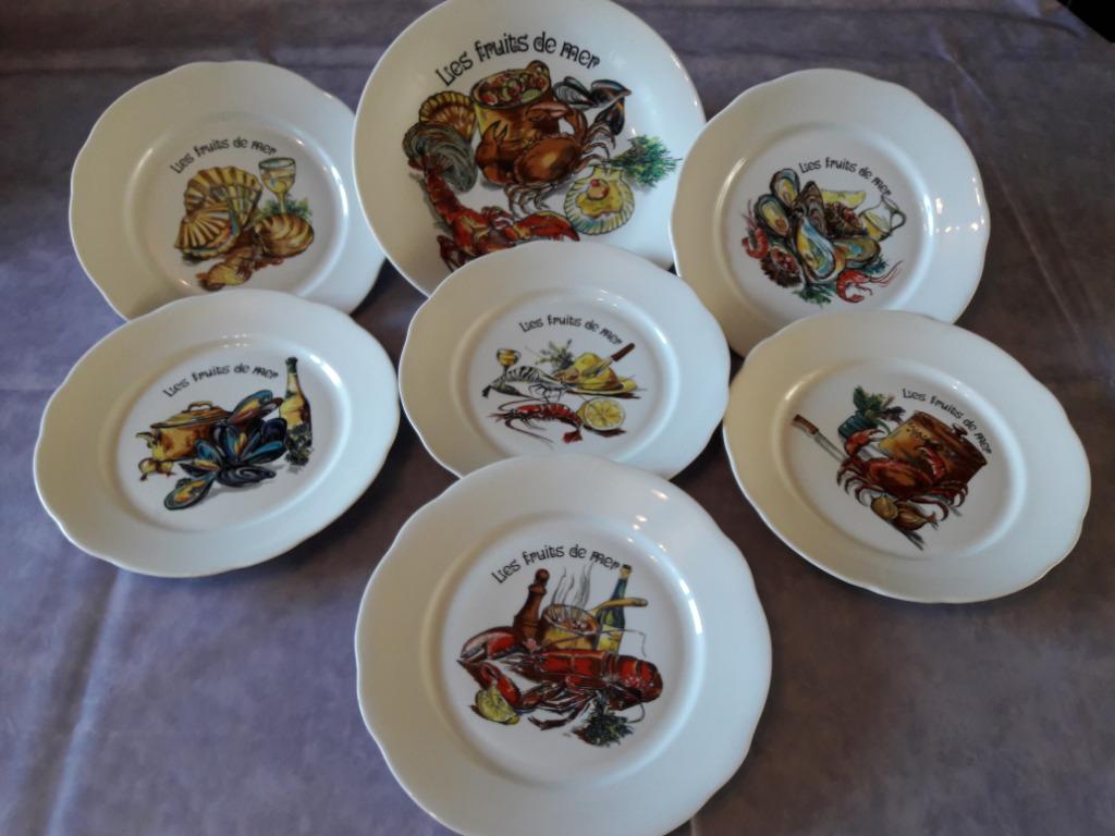 6 zeevruchten borden met 1 schaal, Ophalen of Verzenden, Zo goed als nieuw, Bord(en)