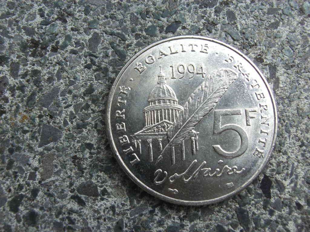 Frankrijk 5 fr cupro-nikkel Voltaire1994 5e republiek, Verzenden, Frankrijk, Losse munt