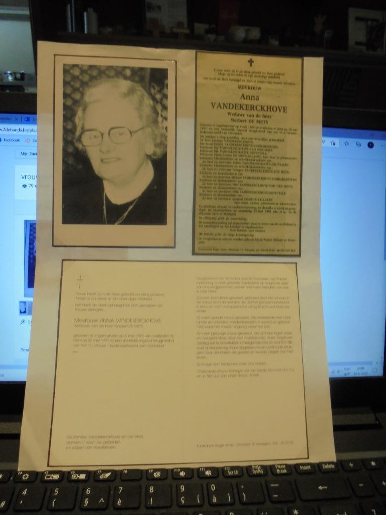 dp Anna Vandekerckhove, Verzamelen, Bidprentjes en Rouwkaarten, Ophalen of Verzenden, Bidprentje