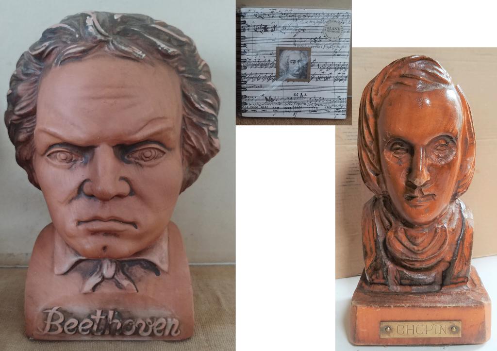Chopin en bois + Beethoven en terre cuite + livret, Antiquités & Art, Enlèvement ou Envoi