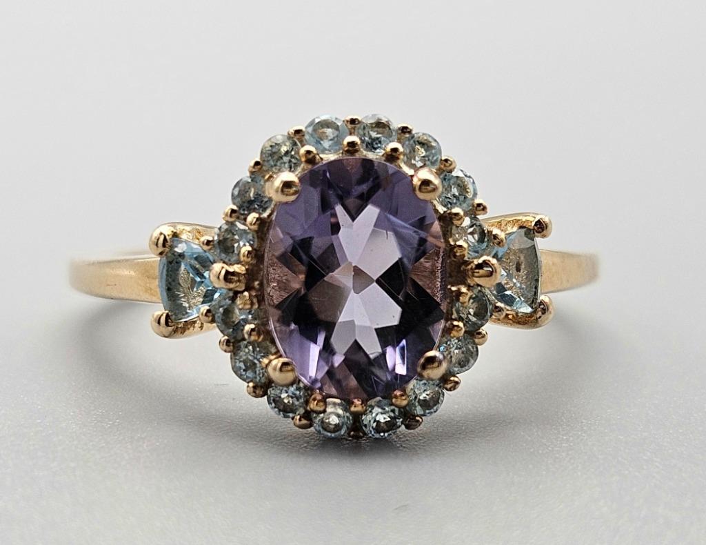 Gouden Vintage ring amethist, aquamarijn en topaas. 2025/155, Overige kleuren, Ophalen of Verzenden, Zo goed als nieuw, 17 tot 18