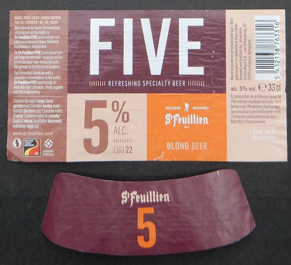 Etiquette de bière Five Saint-Feuillien Bras. St.-Feuill 3n2, Enlèvement ou Envoi, Utilisé