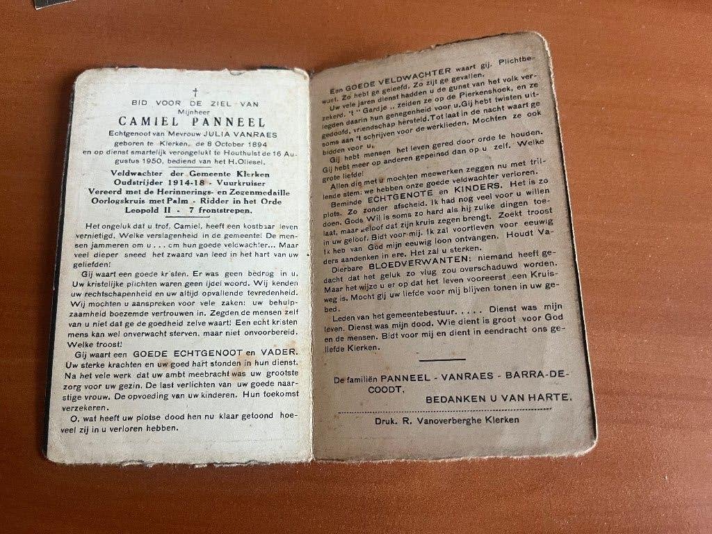 C. Panneel  Klerken 1894 + Klerken 1950-Oudstrijder 14-18, Verzamelen, Verzenden, Rouwkaart