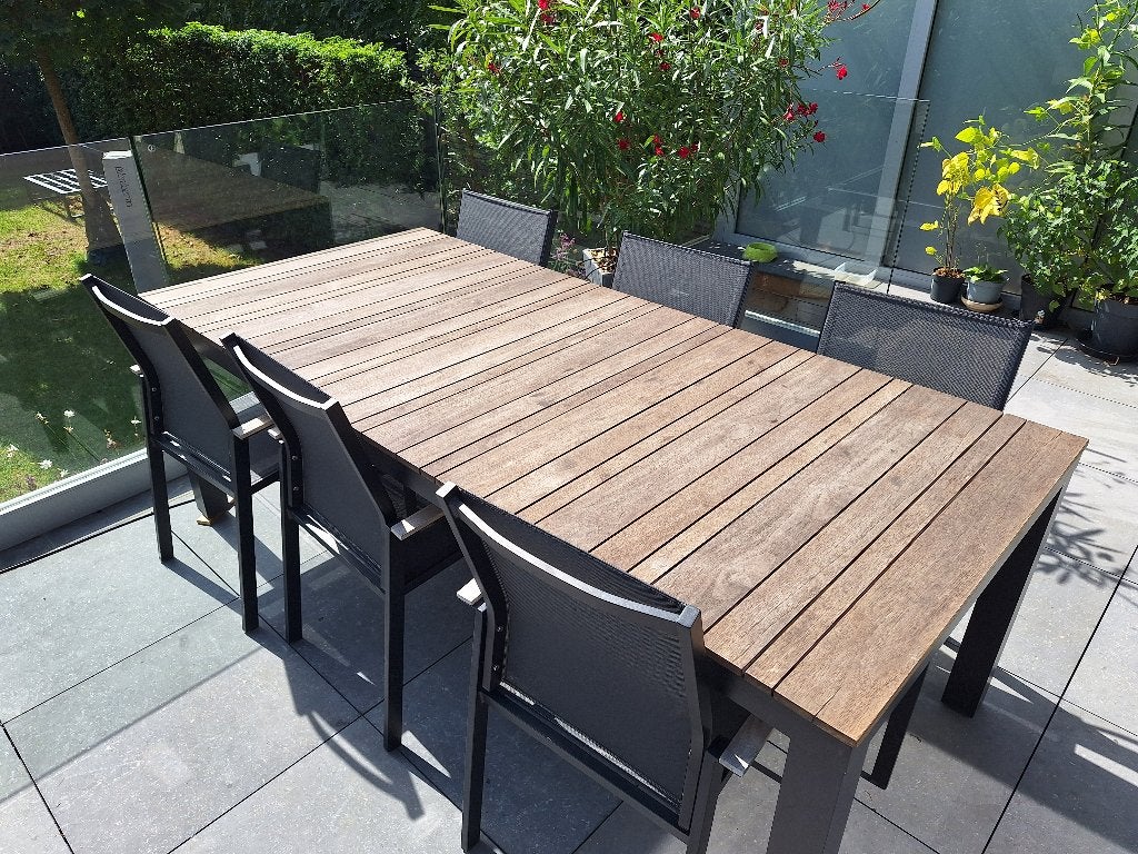 Table de jardin en bois set 215x100 cm 6 chaises, Enlèvement, Comme neuf, Rectangulaire, Bois
