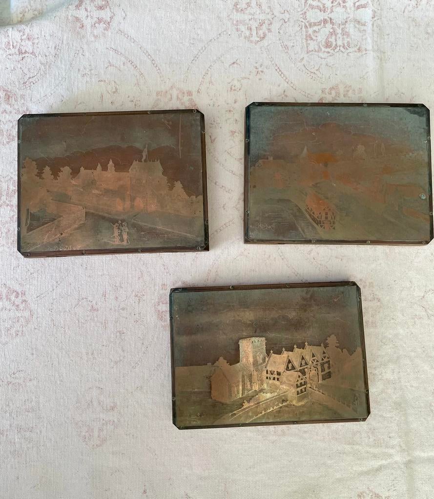 Ensemble de 3 anciennes gravure anglaises sur cuivre signées, Antiquités & Art, Enlèvement ou Envoi, Eau-forte