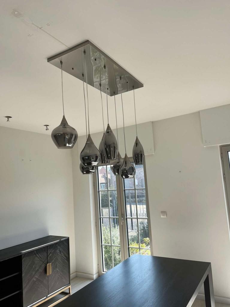 Moderne hanglamp / 8 gerookt/smoke glazen bollen, Huis en Inrichting, Lampen | Hanglampen, Ophalen of Verzenden, Gebruikt, Glas