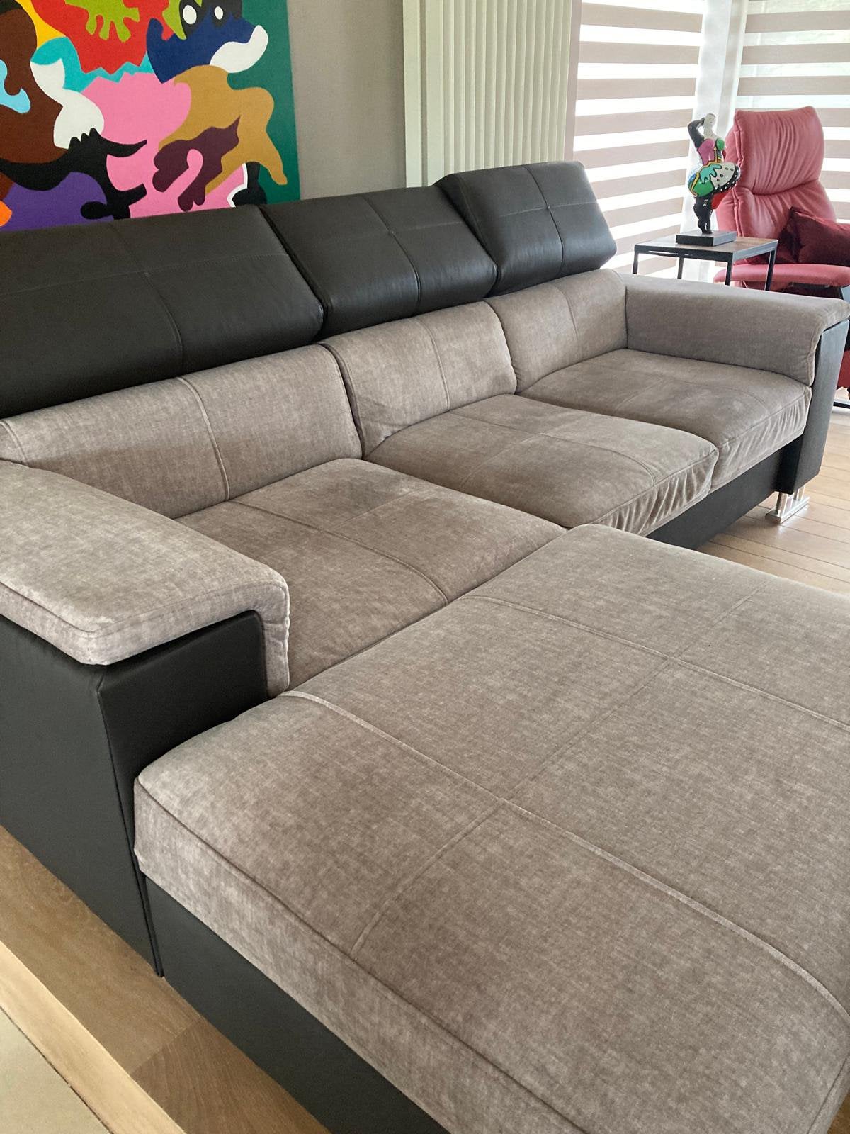 Grijs en zwart hoeksalon van stof en kunstleder, Ophalen, Zo goed als nieuw, Stof, Modern