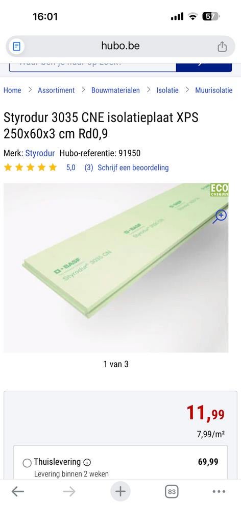 isolatieplaat 250x60x3 cm van hubo 10platen, 15m2, Ophalen, Zo goed als nieuw