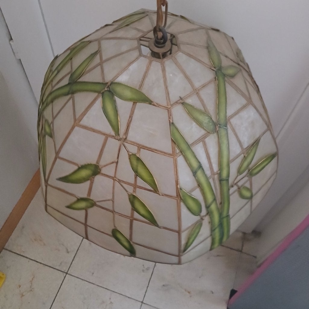 Vintage hanglamp, Ophalen, Gebruikt, Vintage, bamboe, tiffany, jaren 50, E27 (groot)