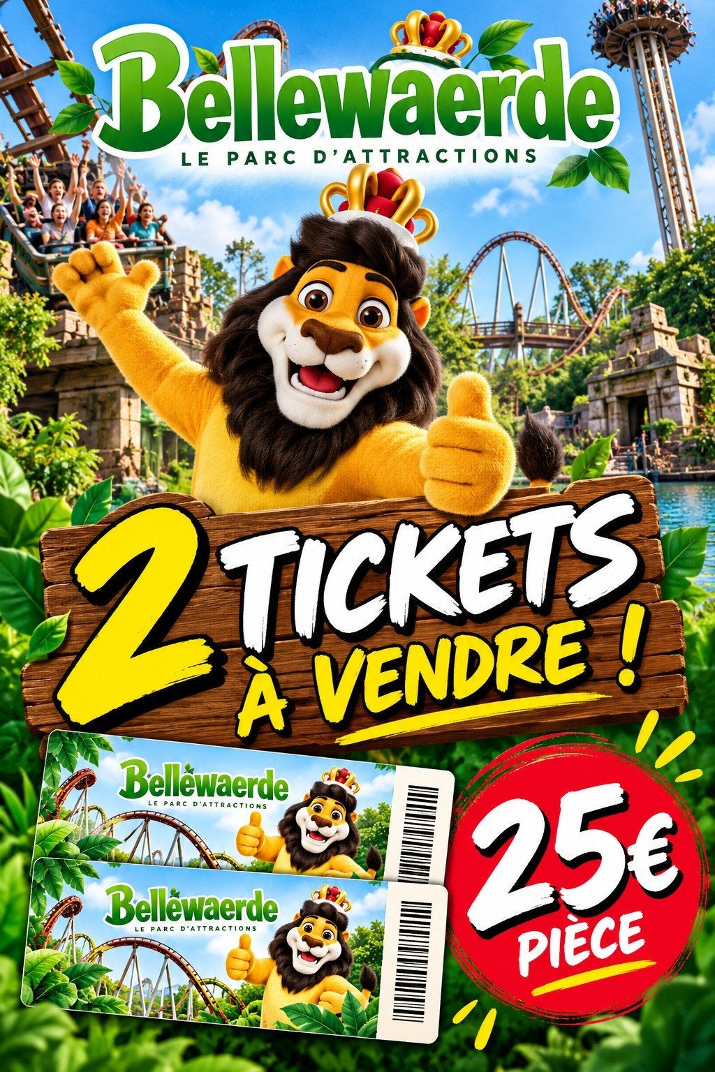 2 entrées pour Bellewaerde valable jusqu'au 12 octobre, Tickets & Billets, Deux personnes, Forfait, Ticket ou Carte d'accès