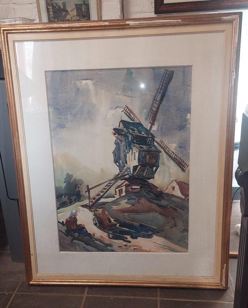 Tableau moulin Ellezelles, Sous verre, Aquarelle, Paysage, Enlèvement