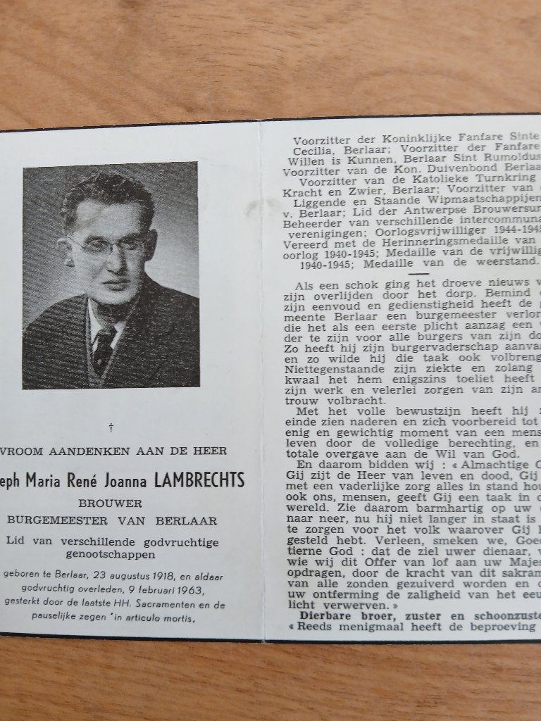 burgemeester van berlaar overl 1963, Verzamelen, Ophalen of Verzenden, Bidprentje