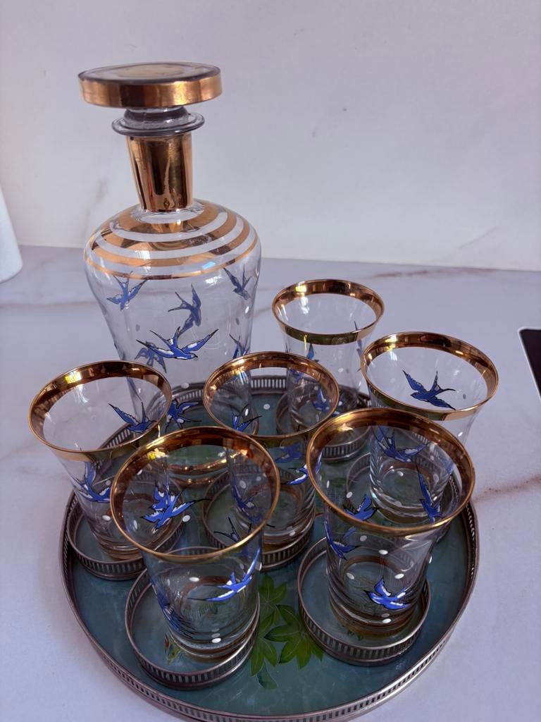 Vintage likeurset - zwaluwen, goudrand, Ophalen