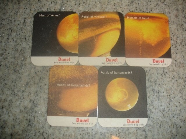 5 verschillende bierviltjes van Duvel, Aards - Hemels, Verzamelen, Ophalen of Verzenden, Zo goed als nieuw, Viltje(s), Duvel