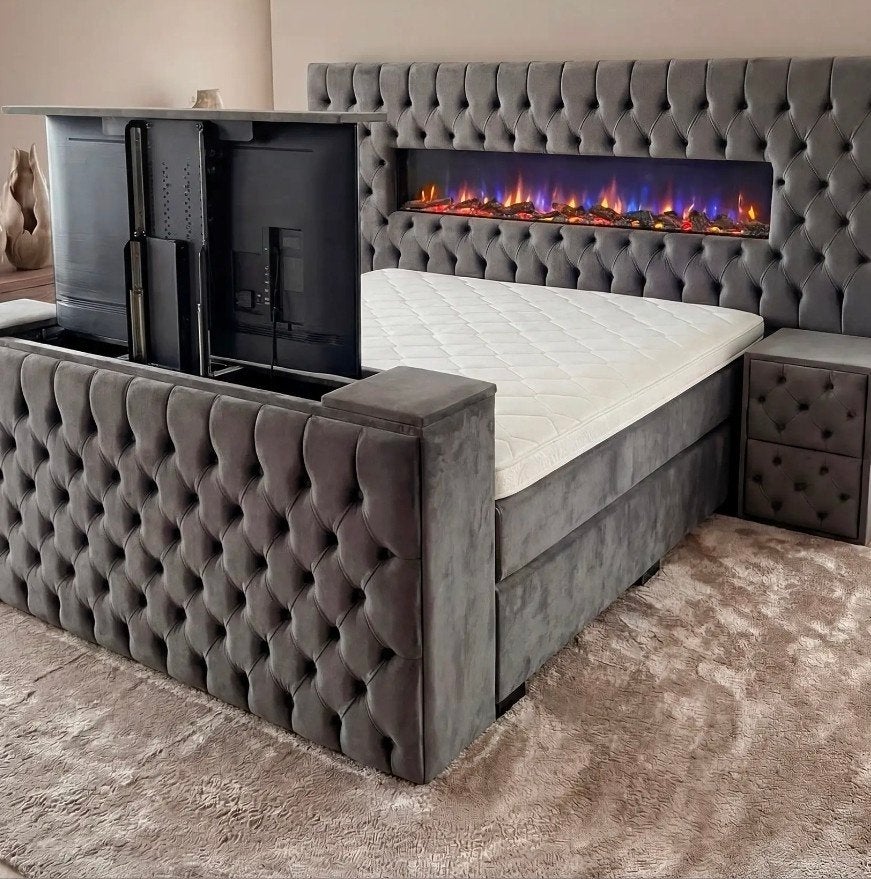 Boxspring chester Ledverlichte sfeerhaard voetbord+lift, Ophalen, Boxspring Chester luxe, Tweepersoons, Zo goed als nieuw