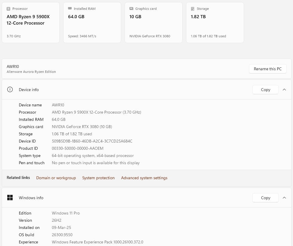 Alienware R10 AMD Ryzen 9 5900X 64GB RTX3080/10GB 1TB+2TB, Computers en Software, 64 GB of meer, Ophalen of Verzenden, Zo goed als nieuw
