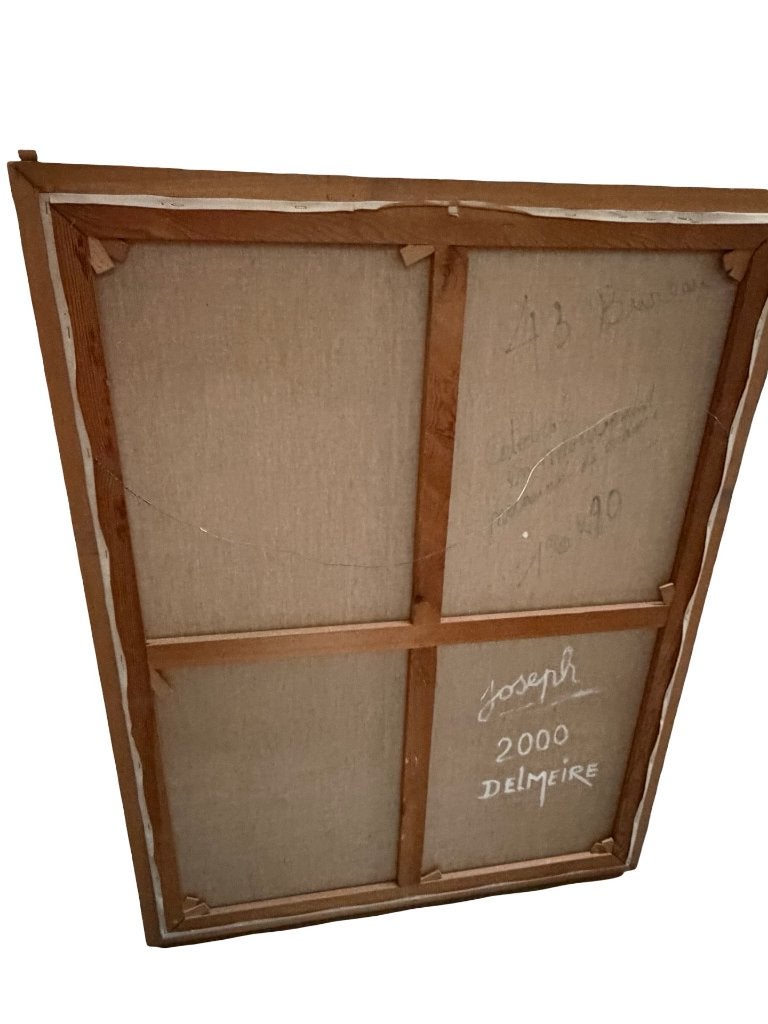 Joseph Delmeire 2000 – Grande huile sur toile 120 x 90 cm, Abstrait, Peinture à l'huile, Signé, Autres matériaux