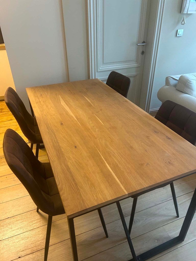 Eiken tafel met 4 trendy stoelen, Ophalen, Gebruikt, Eikenhout, 50 tot 100 cm