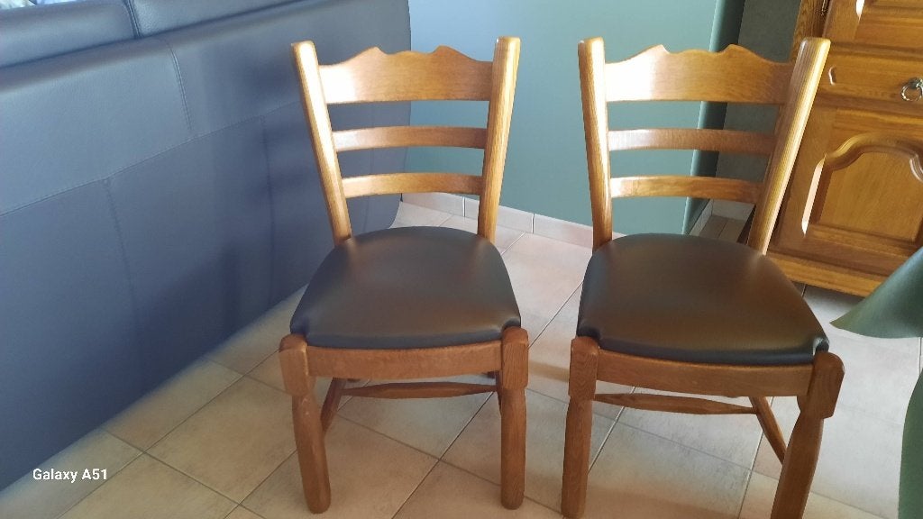 6 rustieke stoelen met lederen kussens in goede staat, Huis en Inrichting, Ophalen, Gebruikt, Bruin, Rustiek