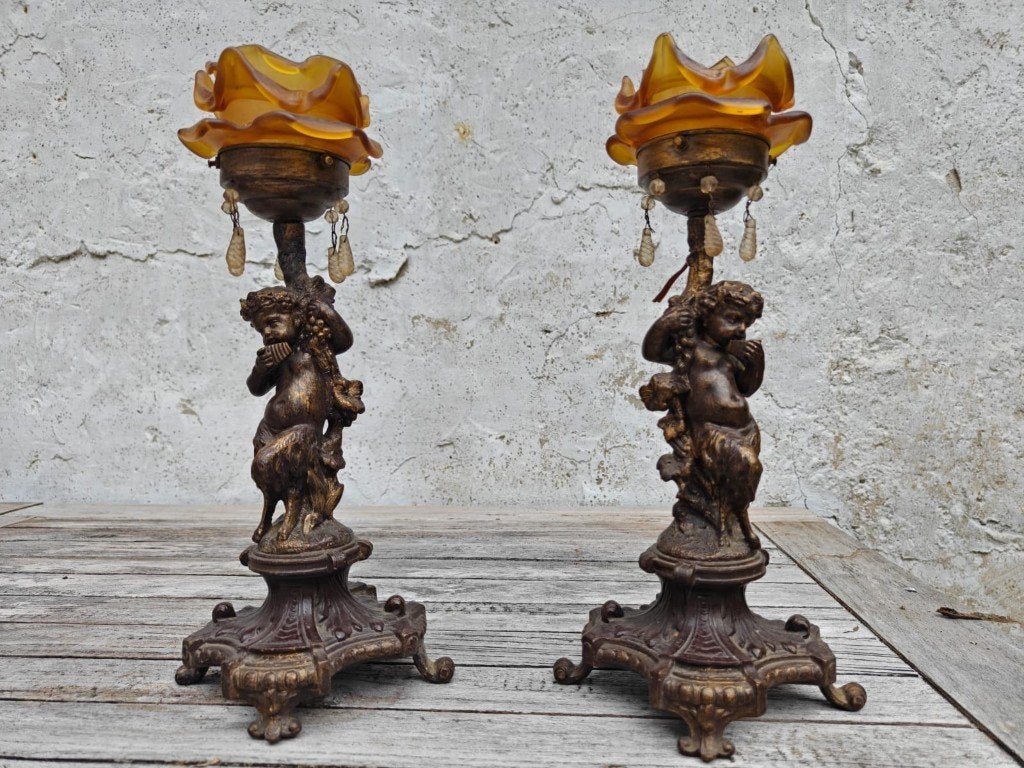 Set vintage rozenlampen op bronzen cherubijnen, Antiek en Kunst, Ophalen