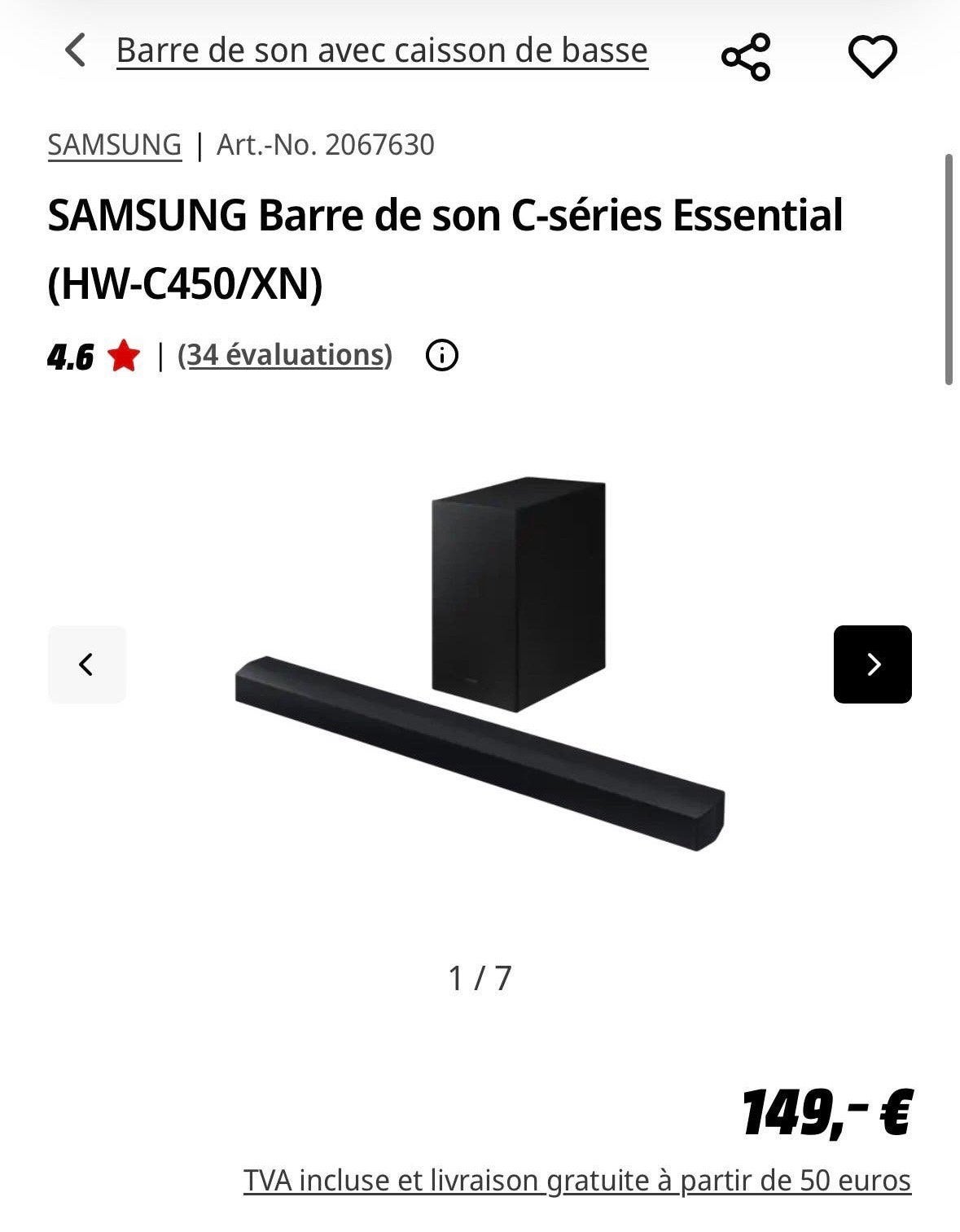 SAMSUNG Barre de son C-séries Essential (HW-C450/XN), TV, Hi-fi & Vidéo, Enlèvement ou Envoi, Comme neuf