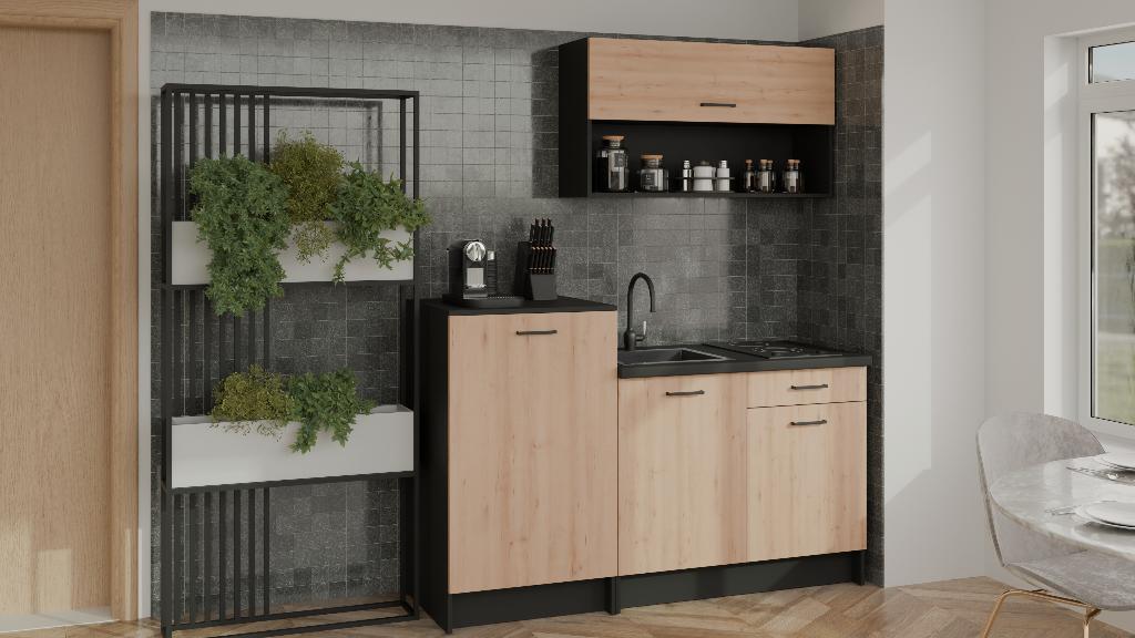 Cuisine compacte d'aspect bois/noire —, Maison & Meubles, Cuisine | Ustensiles de cuisine, Neuf, Envoi
