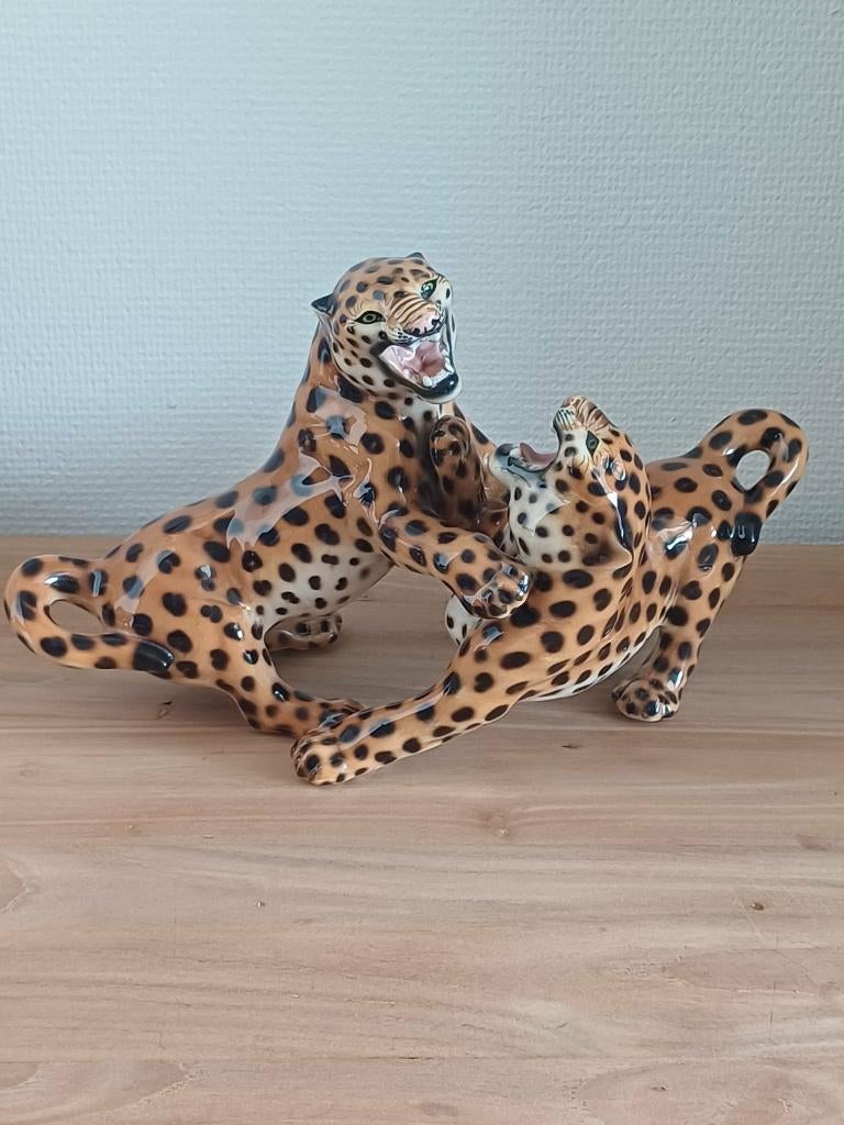 Vintage keramische Vechtende luipaarden "Favaro Cecchetto", Antiek en Kunst, Antiek | Keramiek en Aardewerk, Ophalen