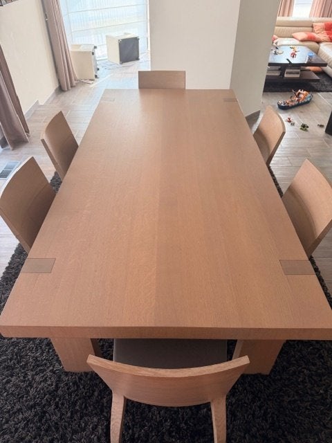 massief houten eettafel met 6 bijpassende stoelen, Ophalen, Gebruikt, 100 tot 150 cm, 200 cm of meer