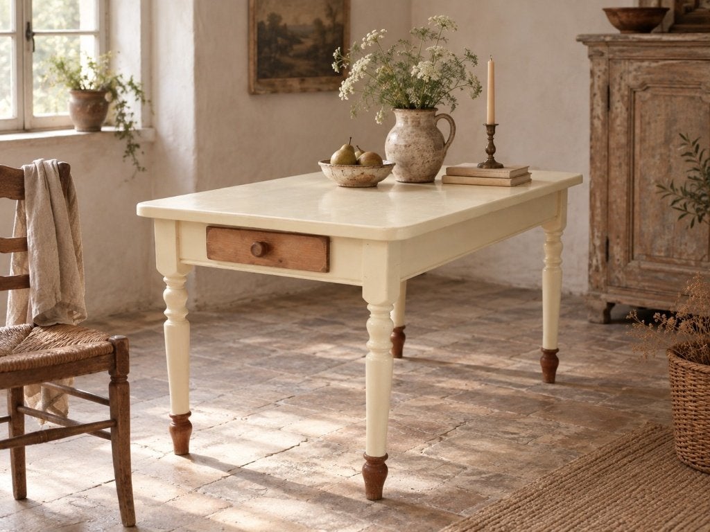 Landelijke brocante tafel in crème met lade en aanzetblad, Enlèvement, Utilisé, Rectangulaire, Landelijk, brocante