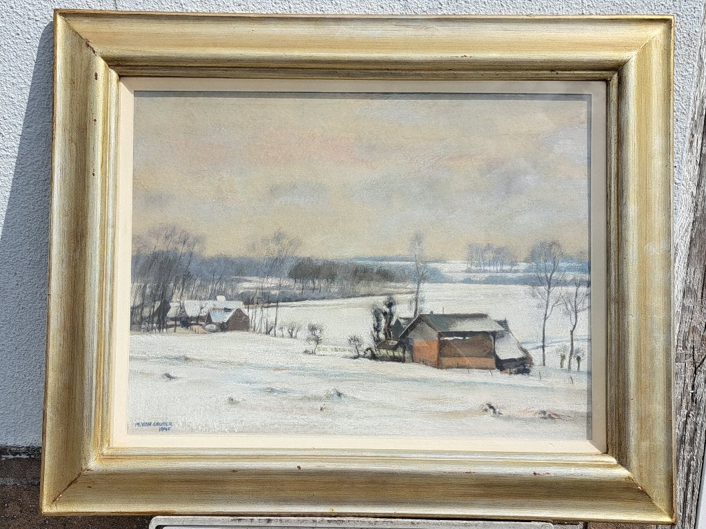Pastel paysage avec maison signe marcel van cauter 1945, Enlèvement ou Envoi