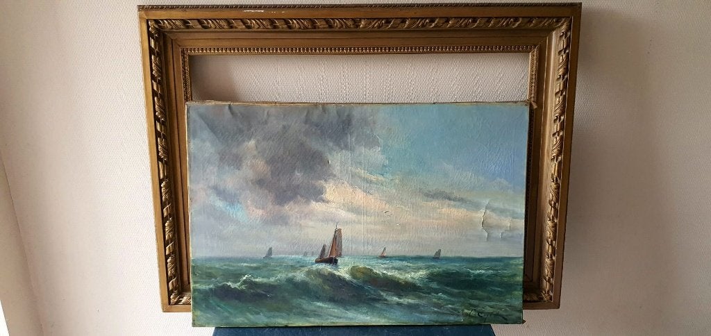 Peinture marine mer du Nord, huile sr toile Michel Van Cuyck, Antiquités & Art, Peinture à l'huile, Signé, Enlèvement, Toile
