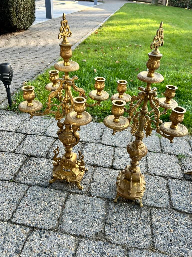 Klok en kandelaars uit koper, Antiek en Kunst, Ophalen, Koper of Brons