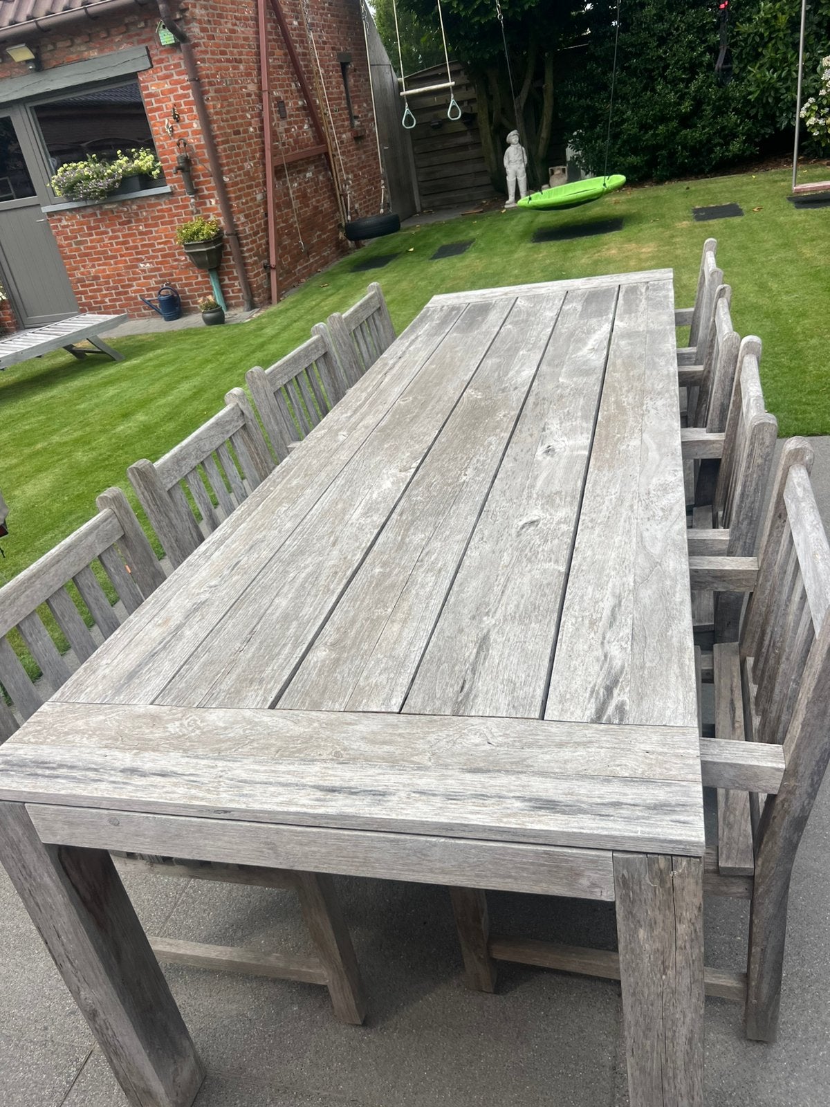 Teak tafel (3m x 1m)met 8 stoelen, Ophalen, Zo goed als nieuw