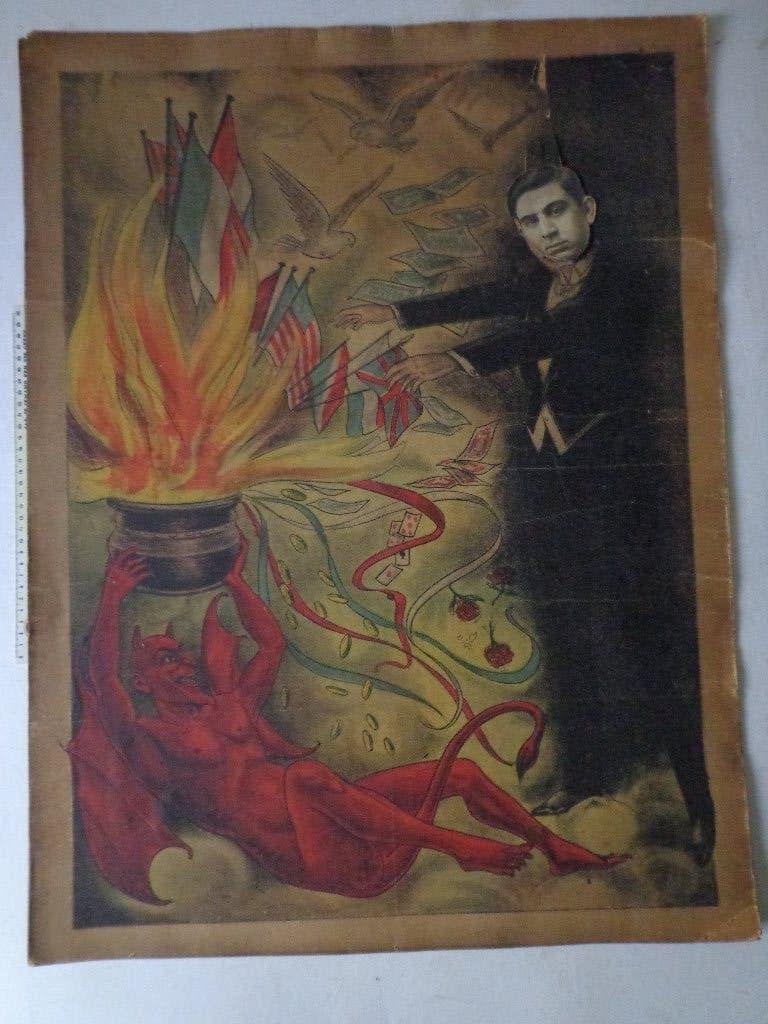 zeldzame originele litho van duivel en goochelaar rond 1920, Antiquités & Art, Original, Enlèvement, Personnages et figures fantastiques