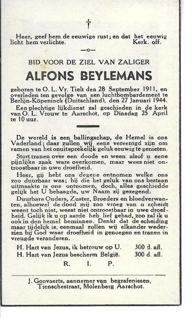 RP Alfons Beylemans luchtbombardement Berlijn 27/1/1944, Enlèvement ou Envoi