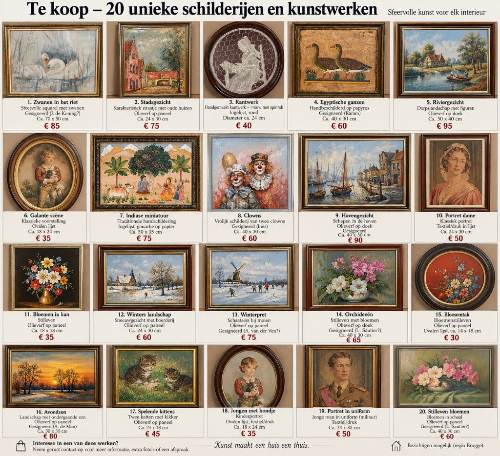 Te koop – 20 schilderijen & kunstwerken – diverse stijlen, Ophalen, Doek, Stilleven, Gesigneerd