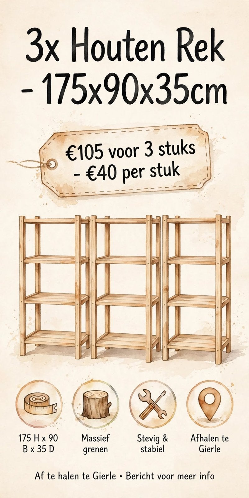 3 étagères en bois à vendre - 175 x 90 x 35 cm, Maison & Meubles, Enlèvement, Utilisé