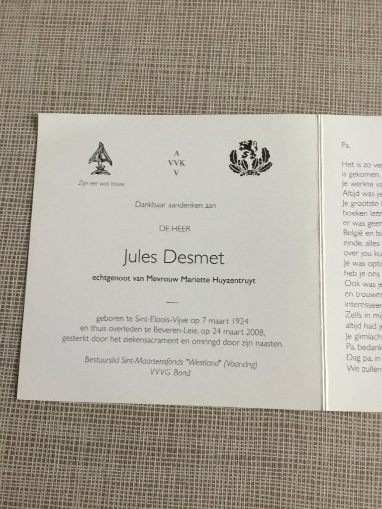 Soldaat Oostfrontstrijder J.Desmet +Beveren Leie AVV-VVK, Verzamelen, Ophalen of Verzenden, Bidprentje