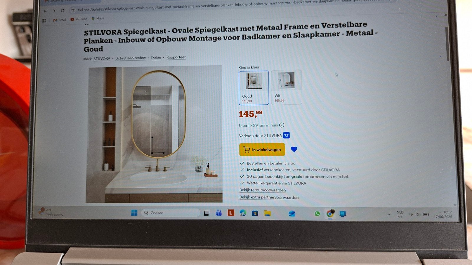 Spiegelkasten badkamer, ovaal met goudkleurige rand, Huis en Inrichting, Badkamer | Complete badkamers, Ophalen
