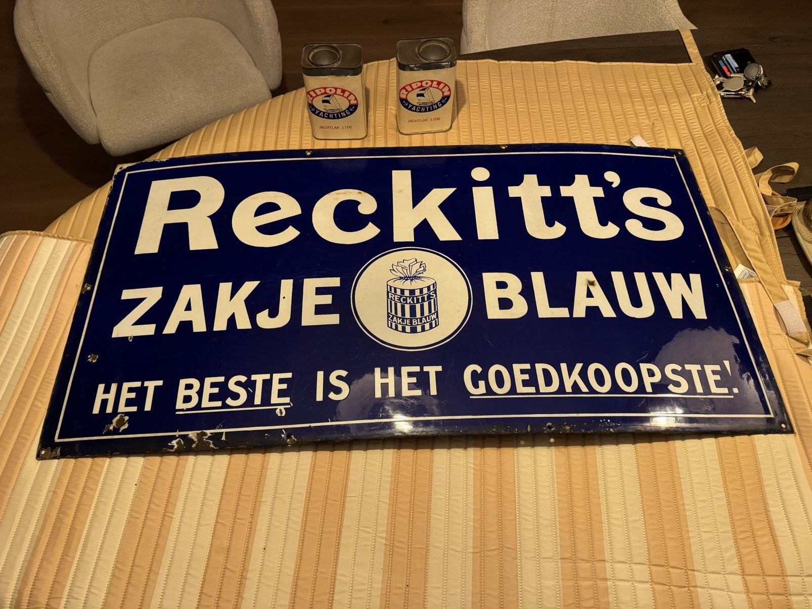 Groot Reckitt’s zakje blauw emaille reclame bord 1930 1940, Verzamelen, Ophalen, Zo goed als nieuw, Reclamebord