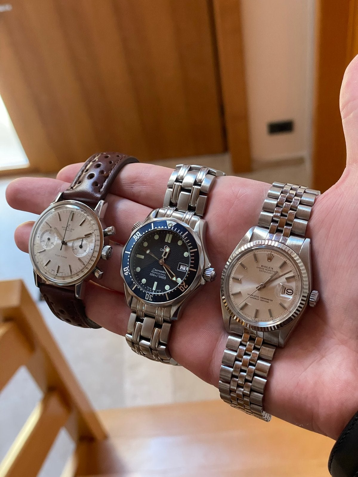 Omega Seamaster, Breitling Top Time, Rolex Datejust, Zenith, Handtassen en Accessoires, Ophalen, Staal, Polshorloge, Zo goed als nieuw