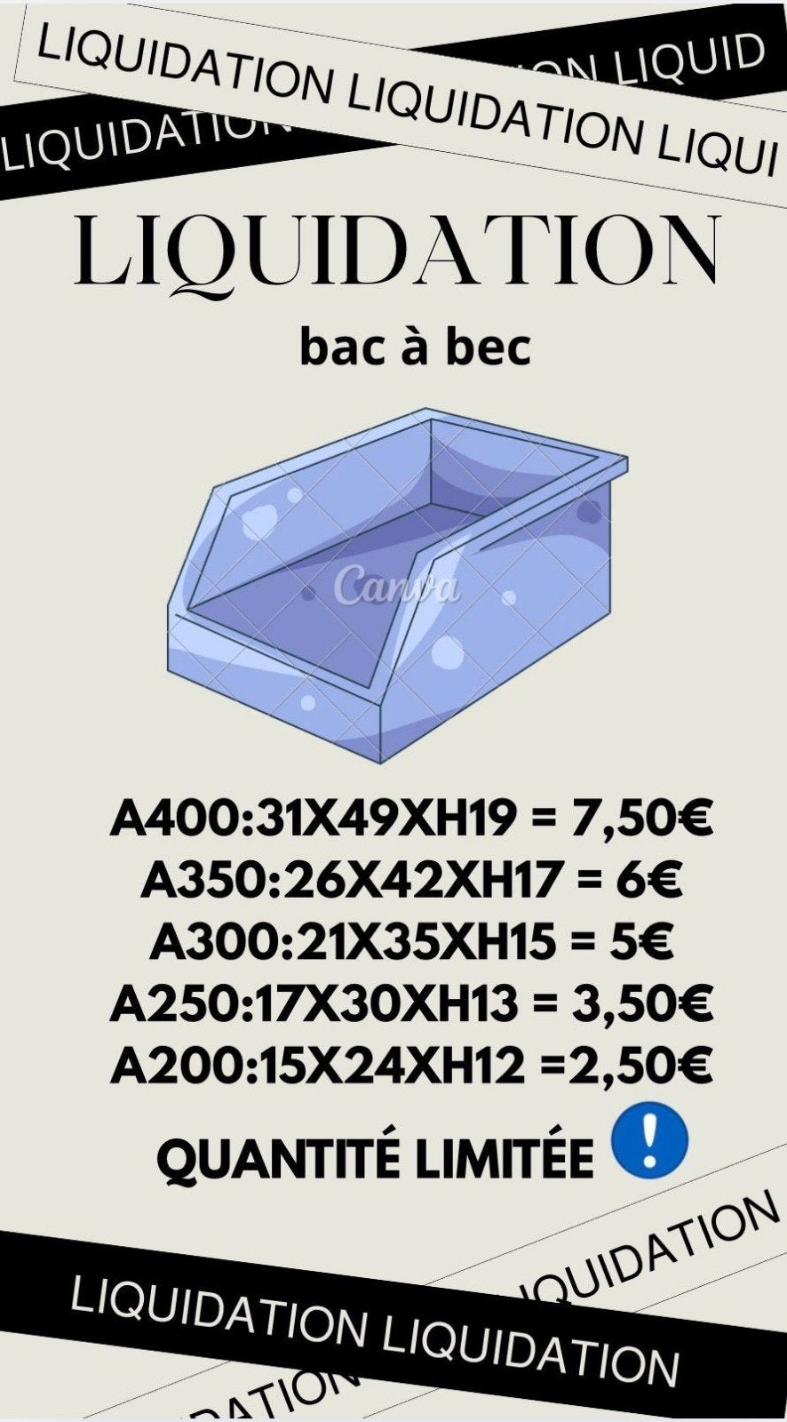 Bac plastique , LIQUIDATION!!