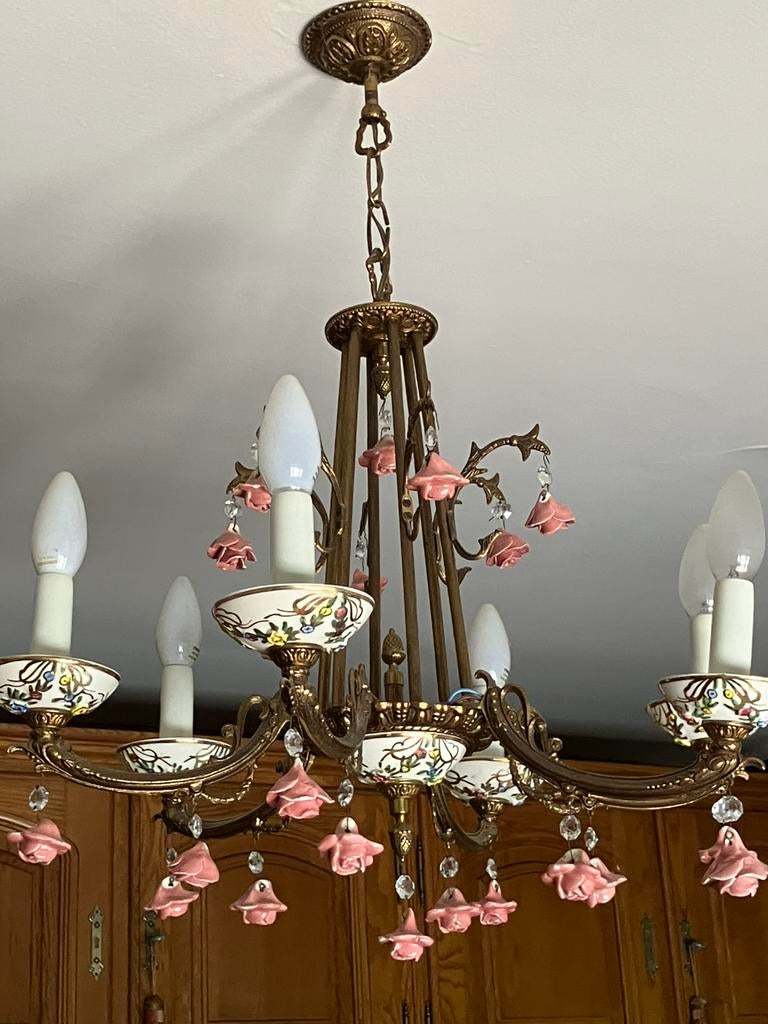 Spaanse Hollywood Regency Kroonluchter Messing & Porselein, Ophalen, Zo goed als nieuw