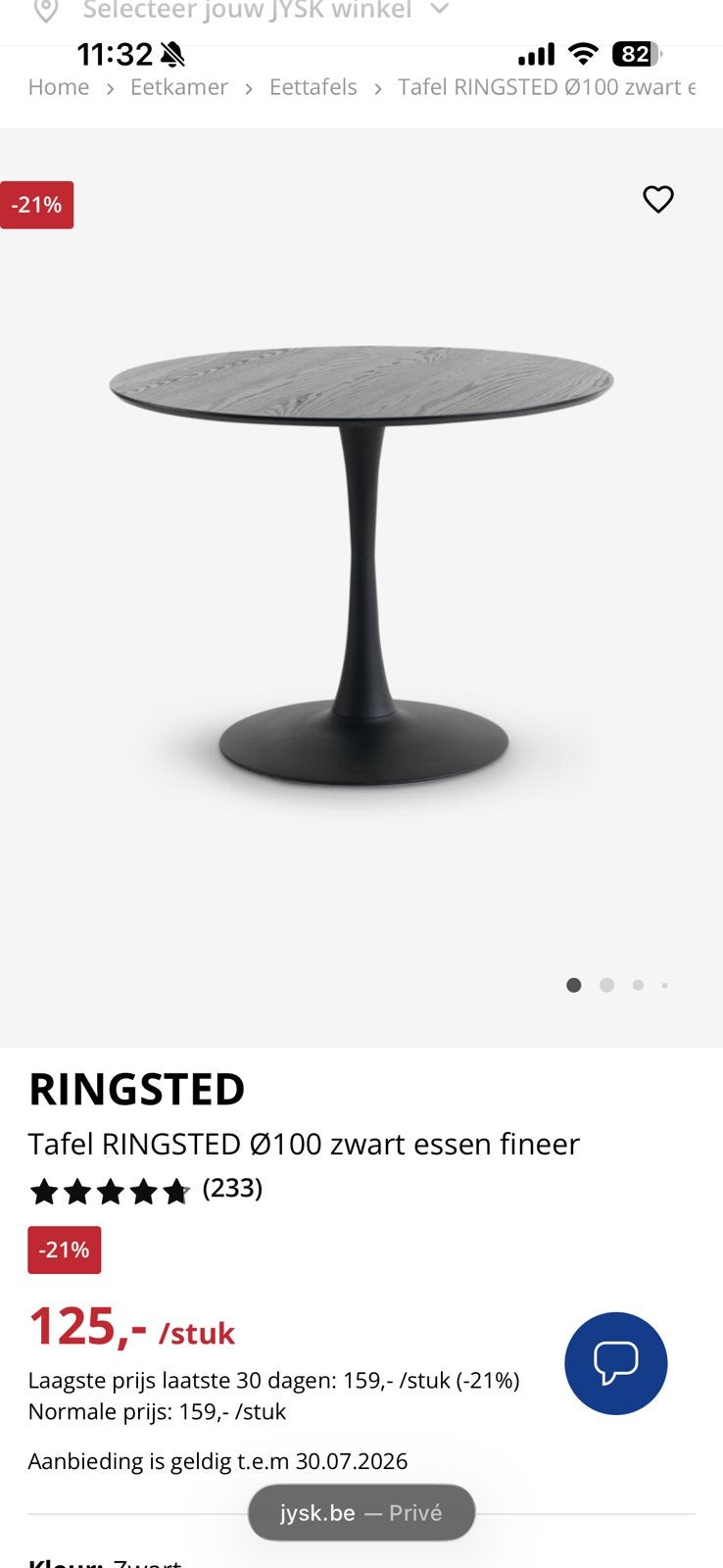 Jysk RINGSTED ronde eettafel zwart, Ophalen, Zo goed als nieuw